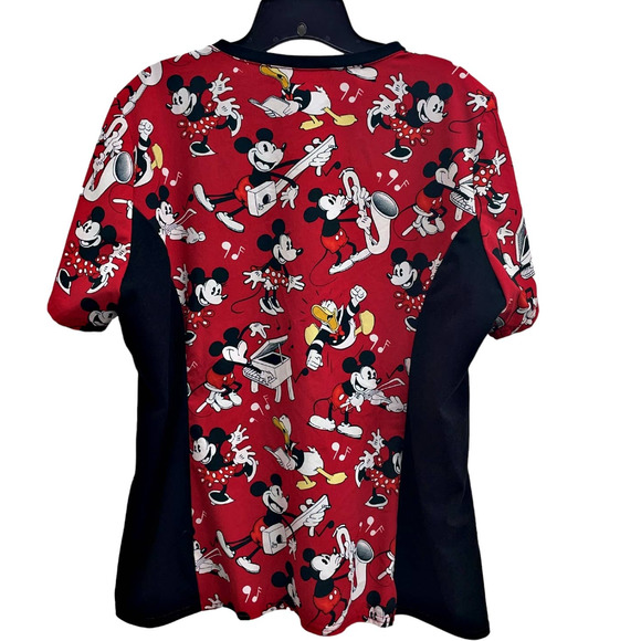 Authentic Disney Mickey Minnie & Friends Band Music Pockets Scrub Top Red Black - Picture 2 of 4